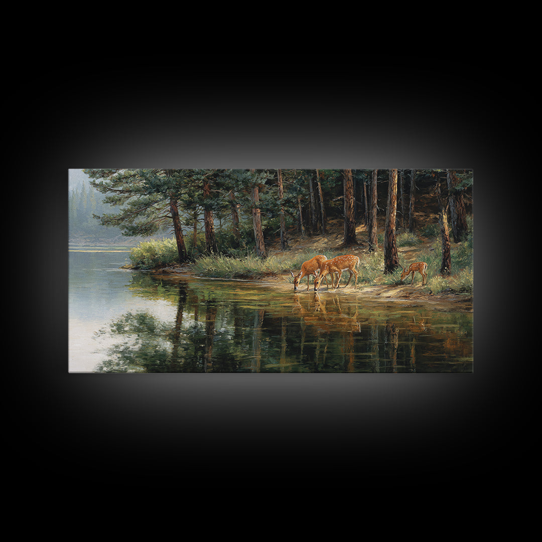 Realistic Wildlife Painting Deer Family Nature Wall Art Canvas Print For Rustic Home Decor And Living Room