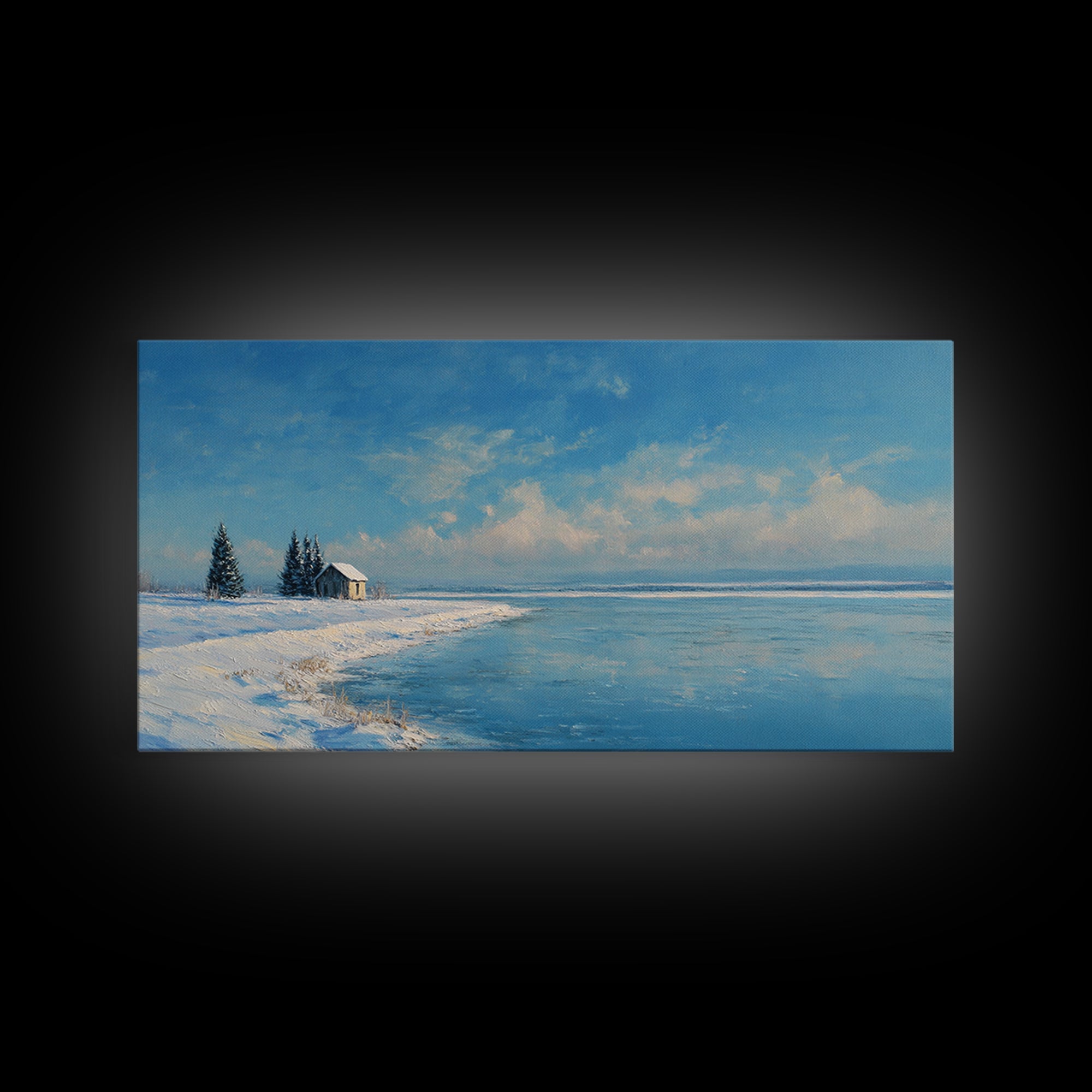 Serene Winter Lake Landscape Painting With Snowy Cabin And Pine Trees Art Print Wall Art Canvas Print For Home Decor