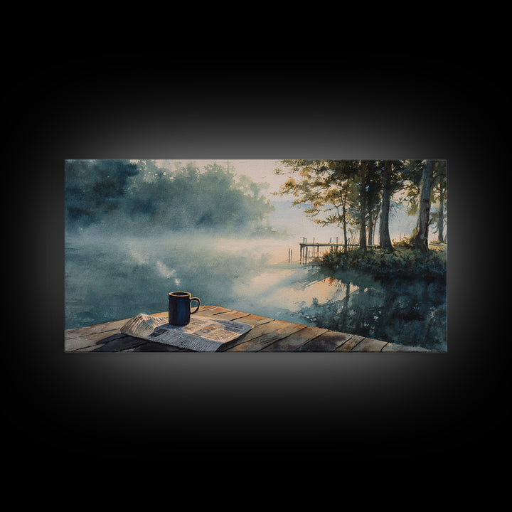 Morning Misty Lake With Coffee Cup Rustic Watercolor Painting Wall Art Framed Canvas Print