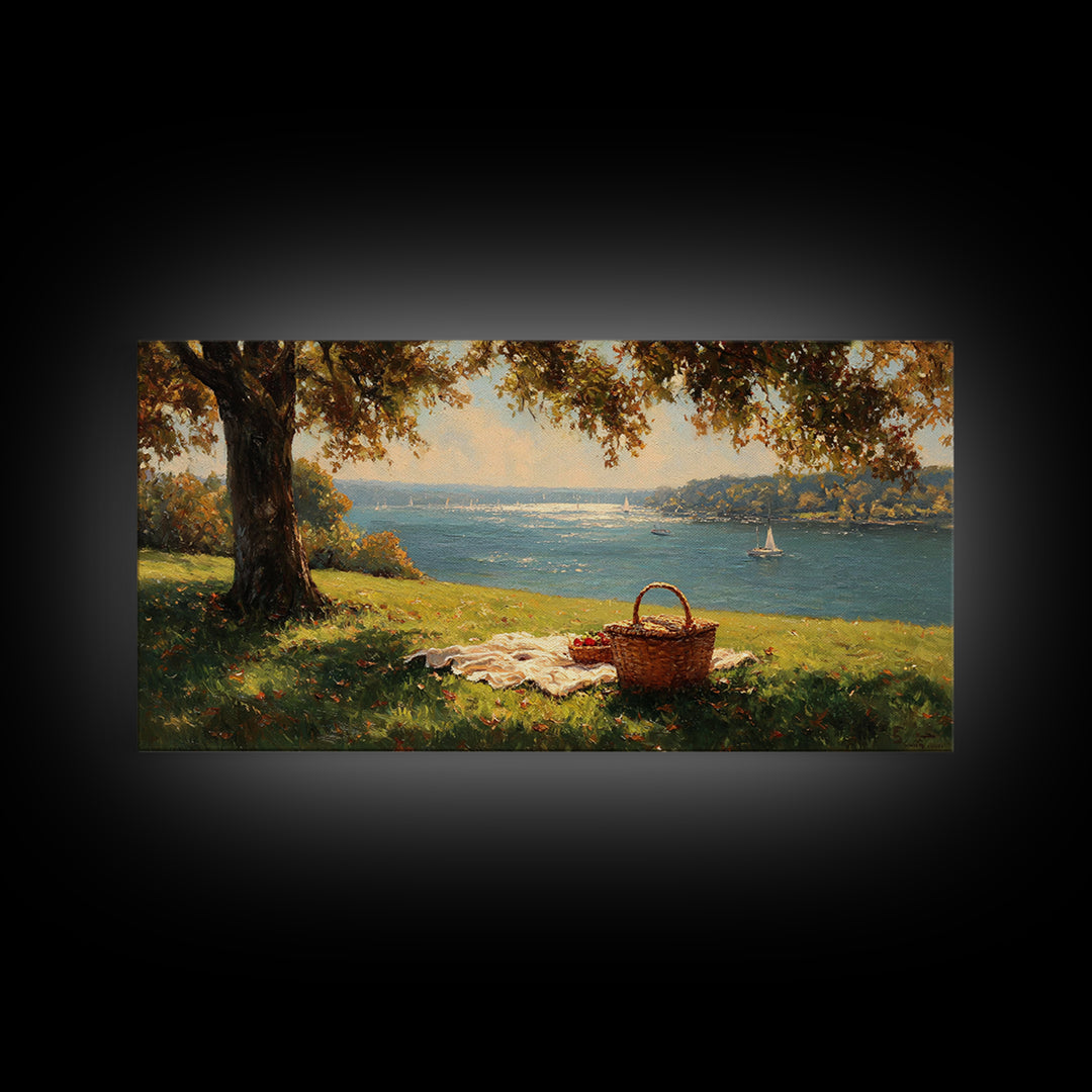 Sunlit Picnic Scene Overlooking Blue Lake With Sailboats Wall Art Framed Canvas Print Coastal Decor