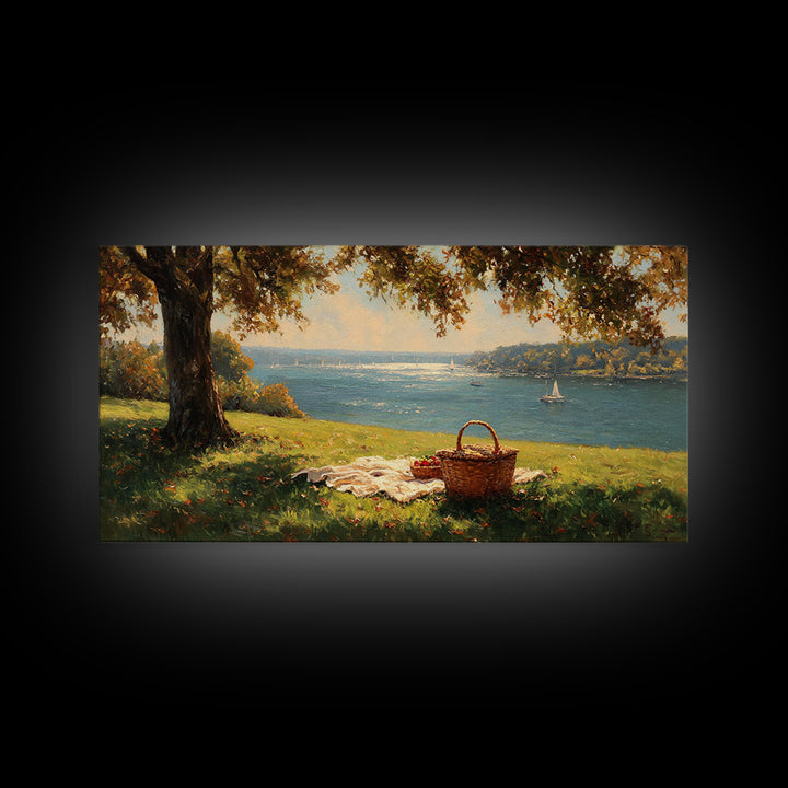Sunlit Picnic Scene Overlooking Blue Lake With Sailboats Wall Art Framed Canvas Print Coastal Decor