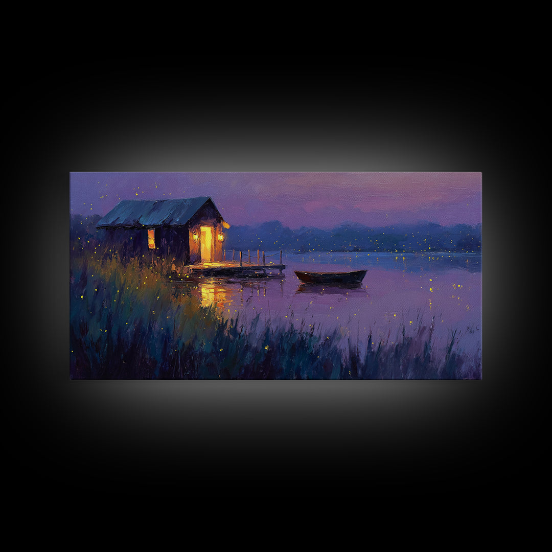 Romantic Evening Lakeside Cabin Oil Painting Wall Art With Fireflies Charming Landscape Decor