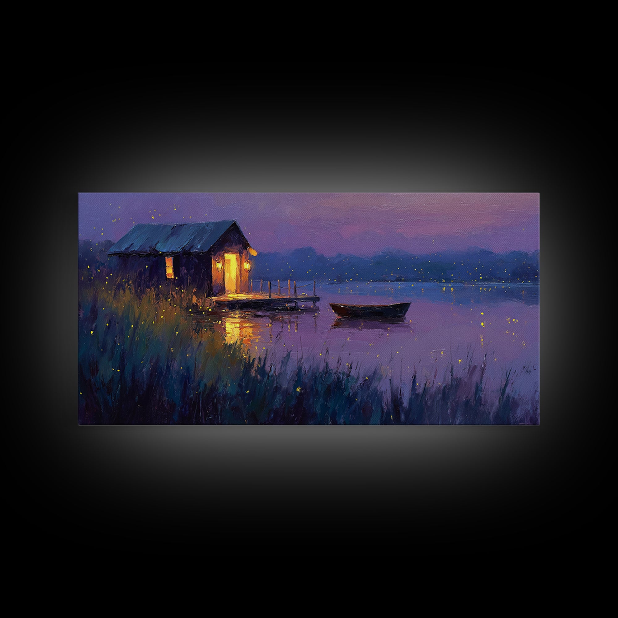 Romantic Evening Lakeside Cabin Oil Painting Wall Art With Fireflies Charming Landscape Decor