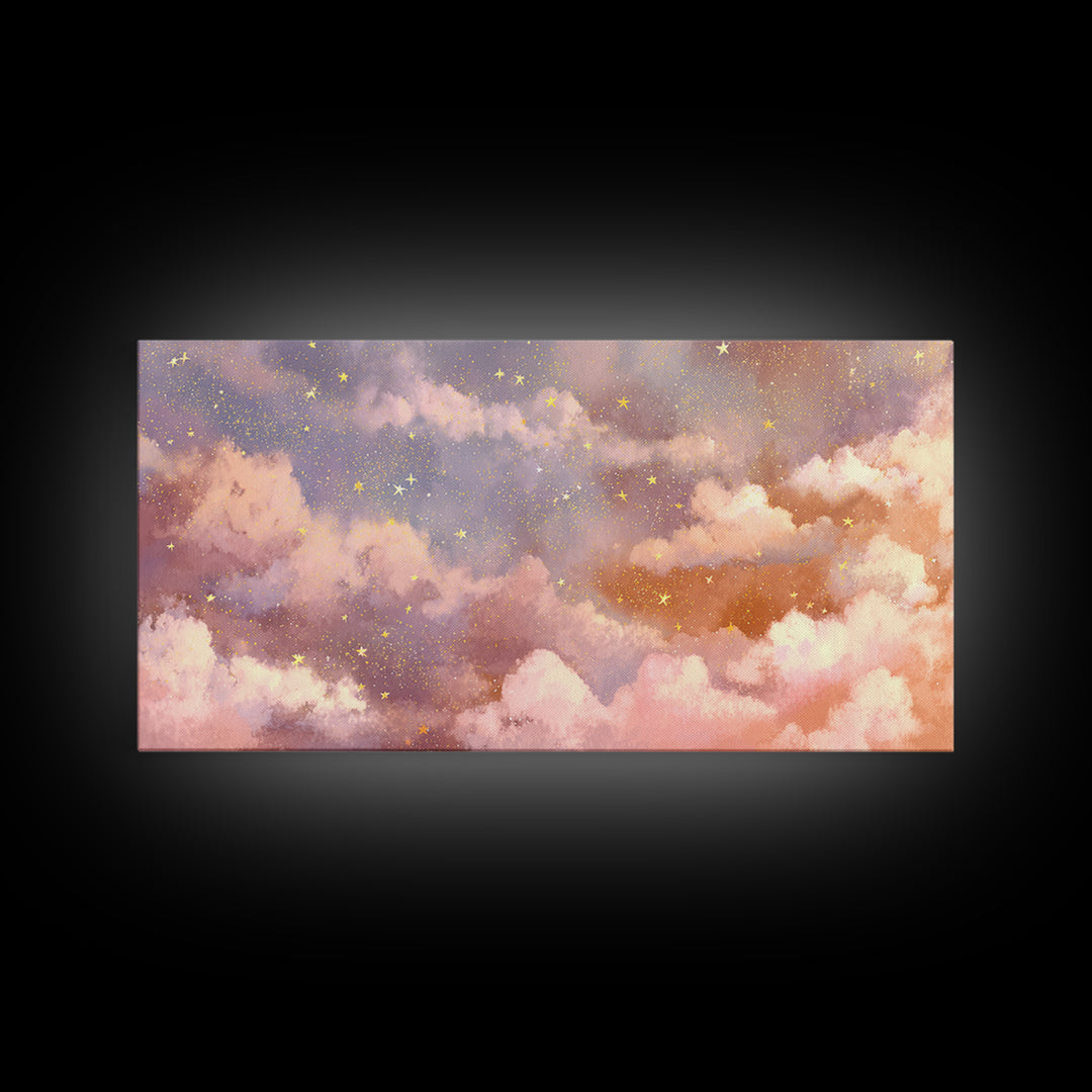 Pastel Celestial Clouds And Gold Stars Canvas Print, Dreamy Nursery Wall Art, Whimsical Decor, Bedroom Wall Decor, Gift For Her