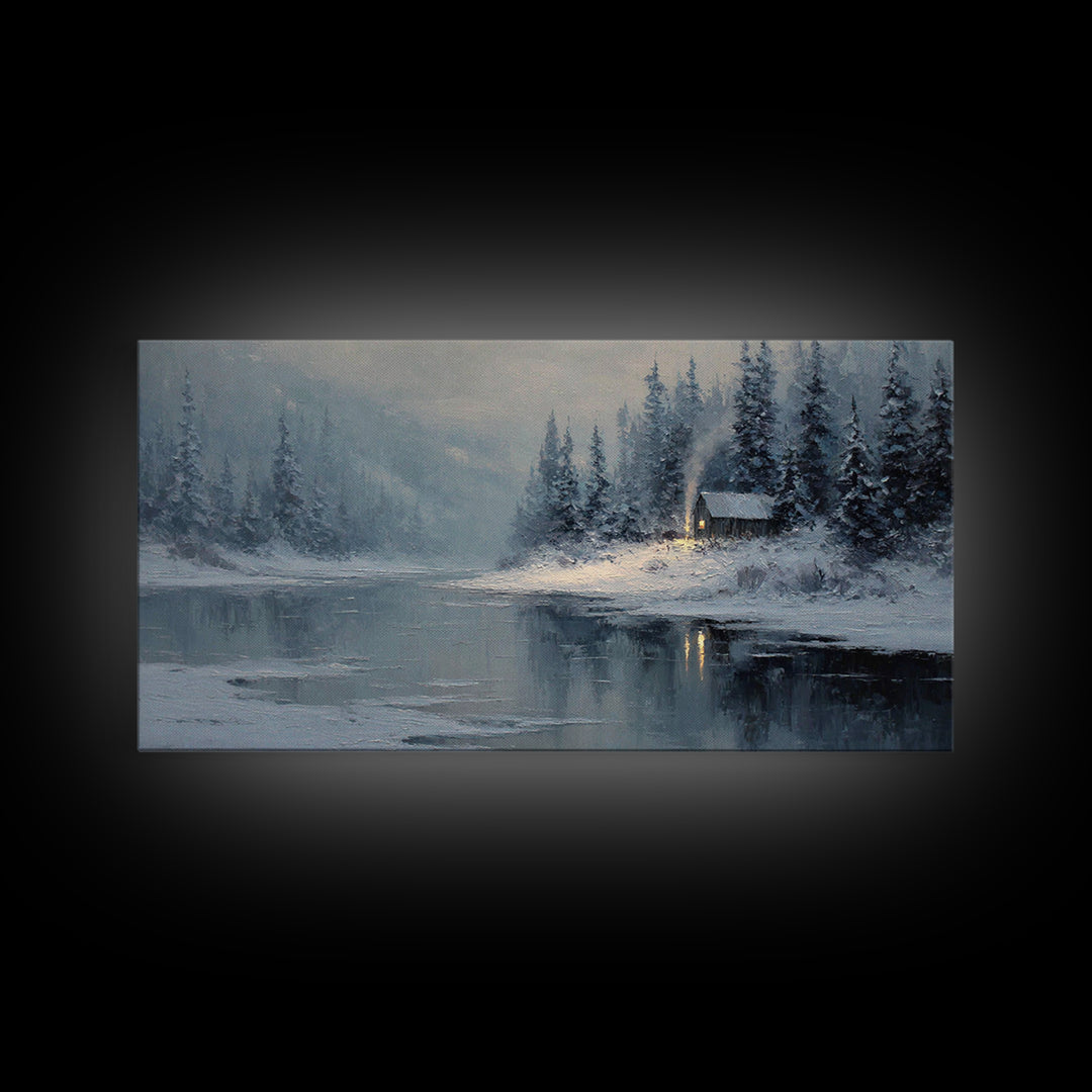 Cozy Cabin In Snow Winter Landscape Painting Oil On Canvas Framed Canvas Print For Home Decor
