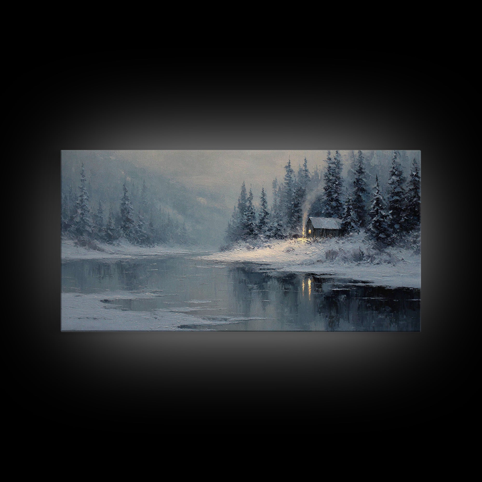 Cozy Cabin In Snow Winter Landscape Painting Oil On Canvas Framed Canvas Print For Home Decor