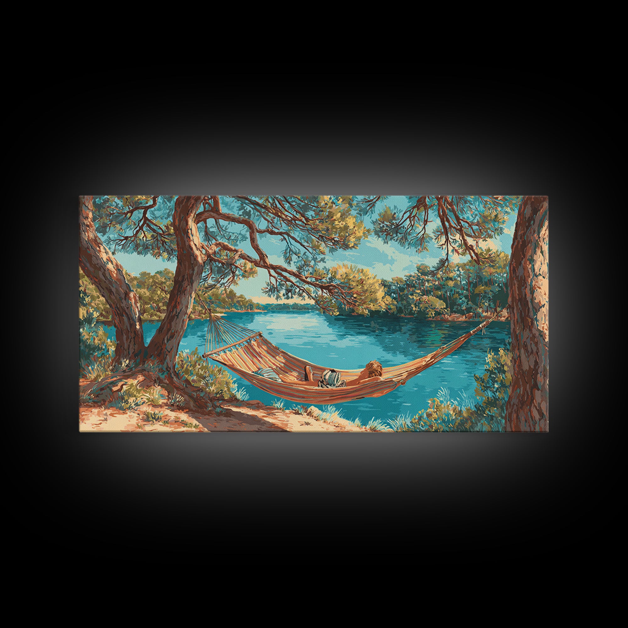 Relaxing Lake Scene With Hammock And Man Reading Wall Art Painting Canvas Print For Tranquil Bedroom Or Living Room Decor