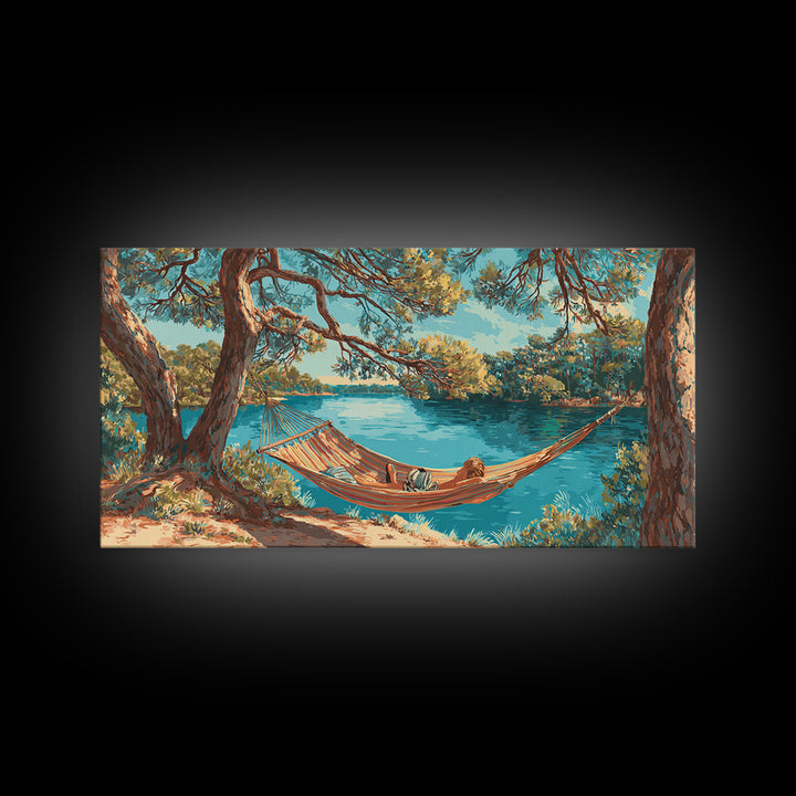 Relaxing Lake Scene With Hammock And Man Reading Wall Art Painting Canvas Print For Tranquil Bedroom Or Living Room Decor