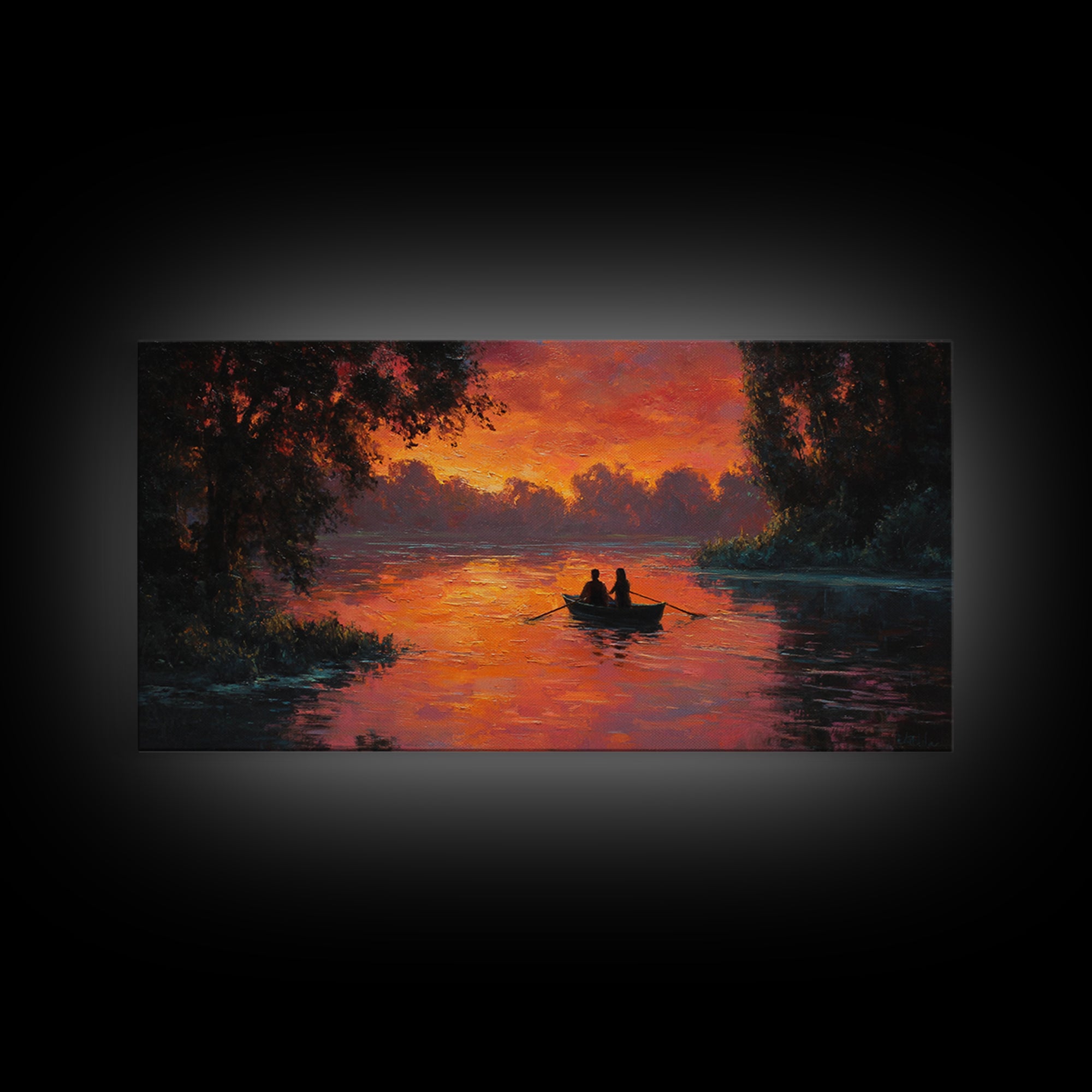 Romantic Couple In Rowboat At Fiery Sunset Lake Scene Oil Painting Wall Art Ideal For Cozy Bedroom Decor Or Rustic Living Room Framed Canvas Print