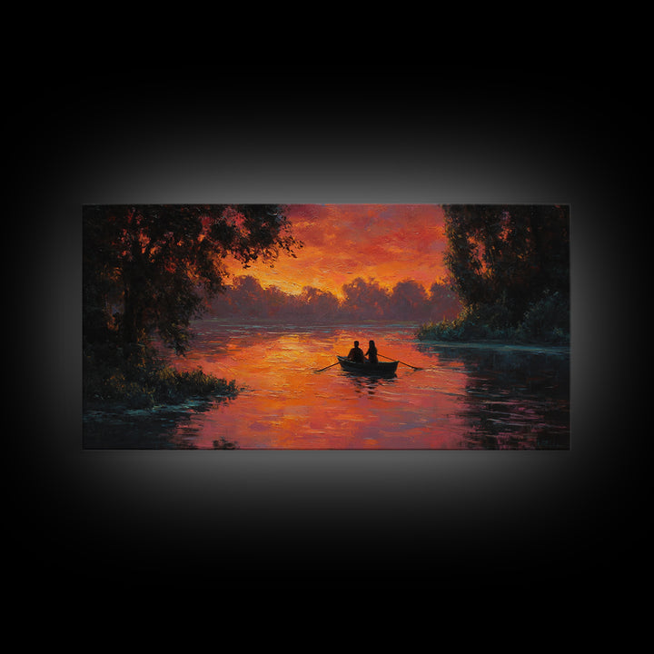 Romantic Couple In Rowboat At Fiery Sunset Lake Scene Oil Painting Wall Art Ideal For Cozy Bedroom Decor Or Rustic Living Room Framed Canvas Print