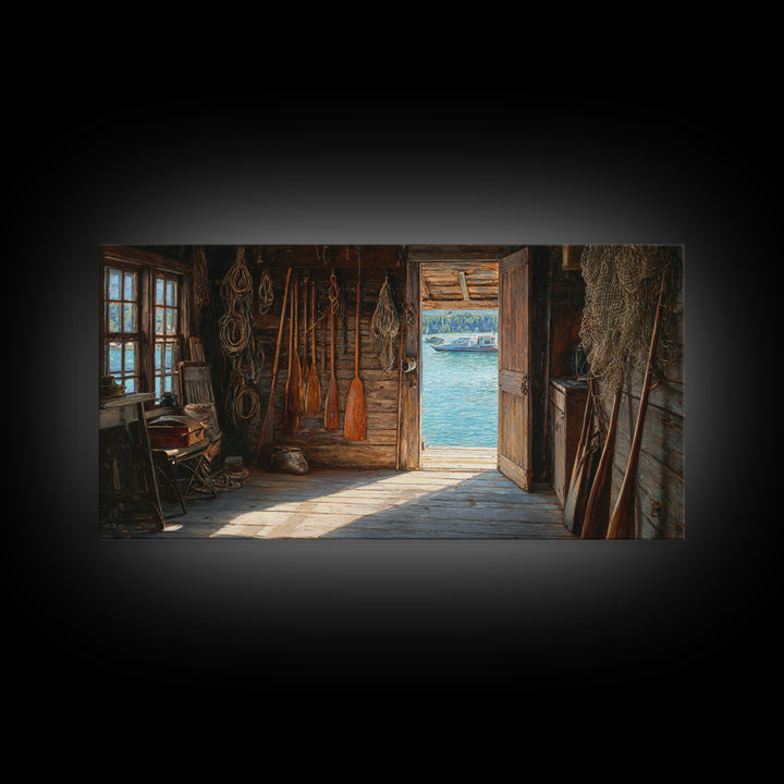 Rustic Fishing Shack Interior With Oars And Nets Oil Painting Wall Art For Coastal And Nautical Home Decor