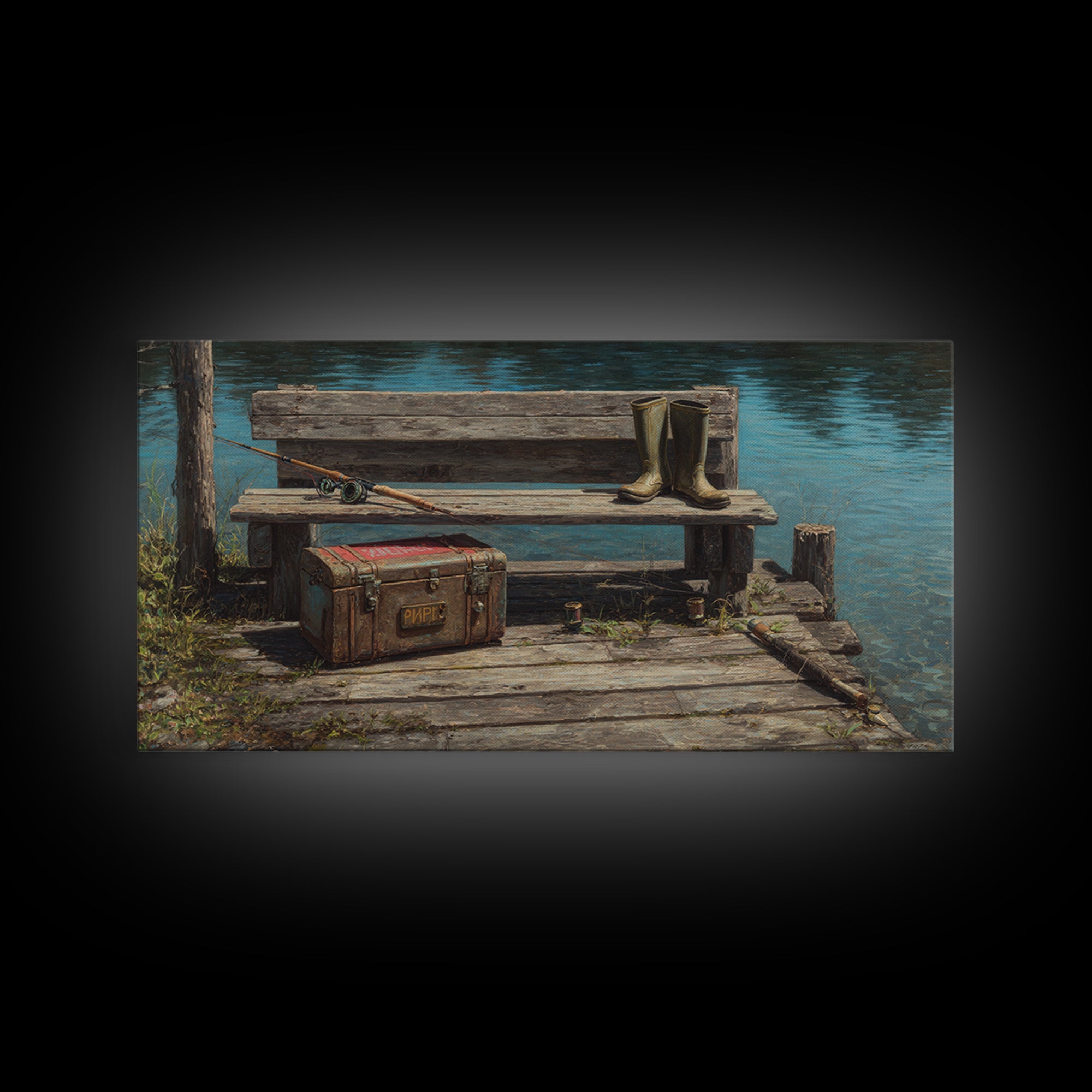 Rustic Fishing Dock With Boots And Rods Oil Painting Rustic Wall Art Framed Canvas Print For Cabin Decor And Nature Lovers