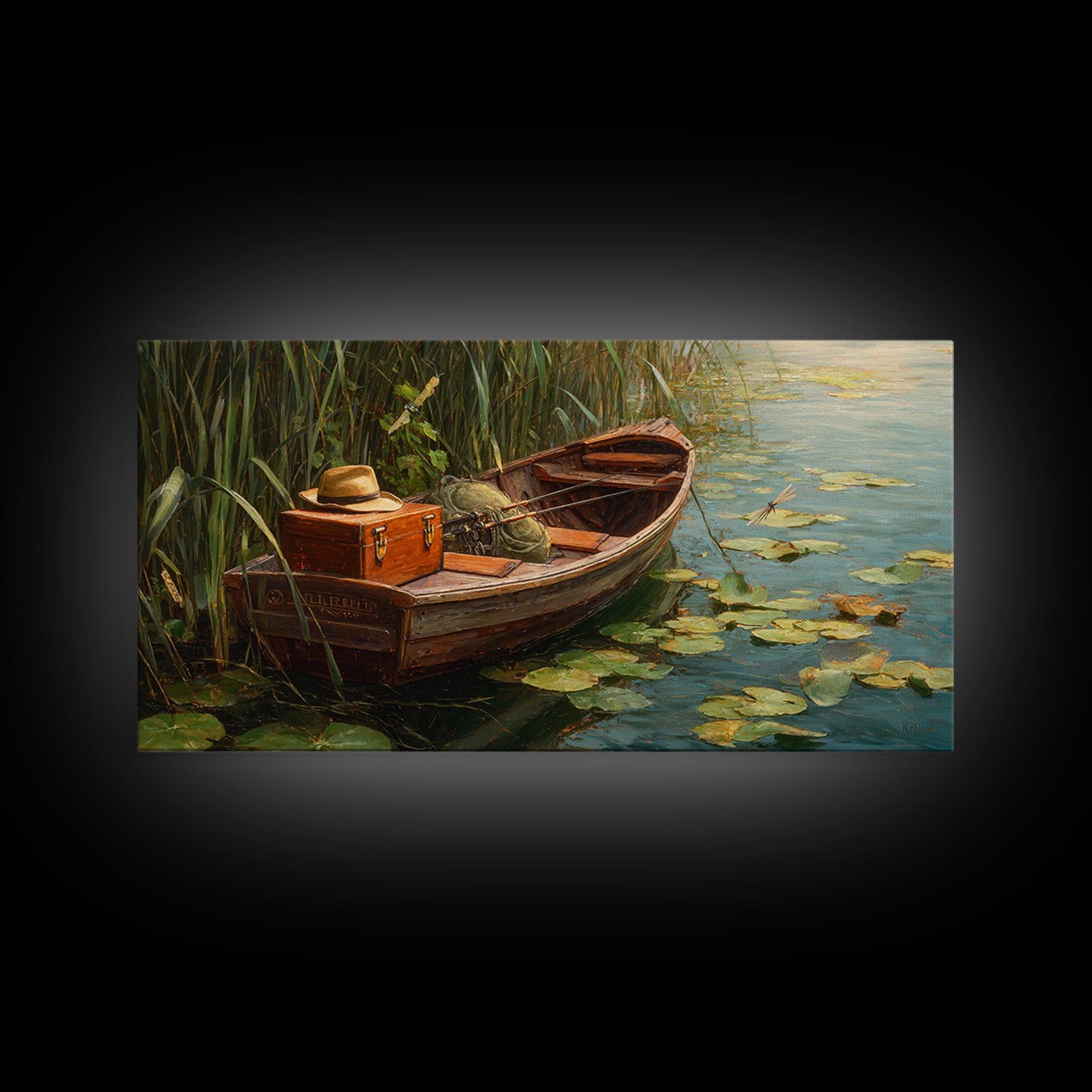 Rustic Lake Sunset Landscape With Adirondack Chairs Oil Painting Framed Canvas Print Wall Art