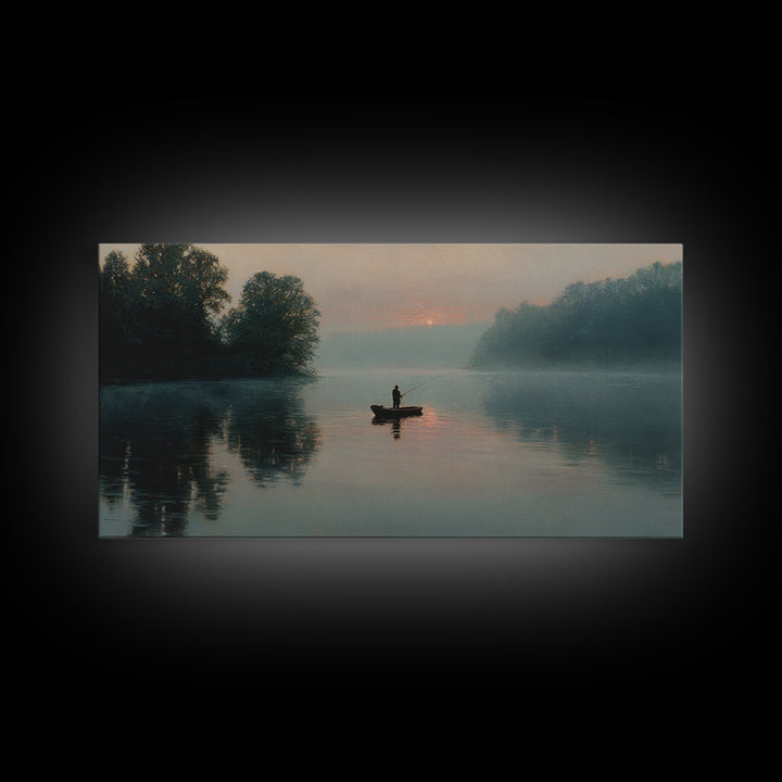 Serene Fisherman In Early Morning Mist Over Glassy River Original Oil Painting Wall Art For Living Room Decor