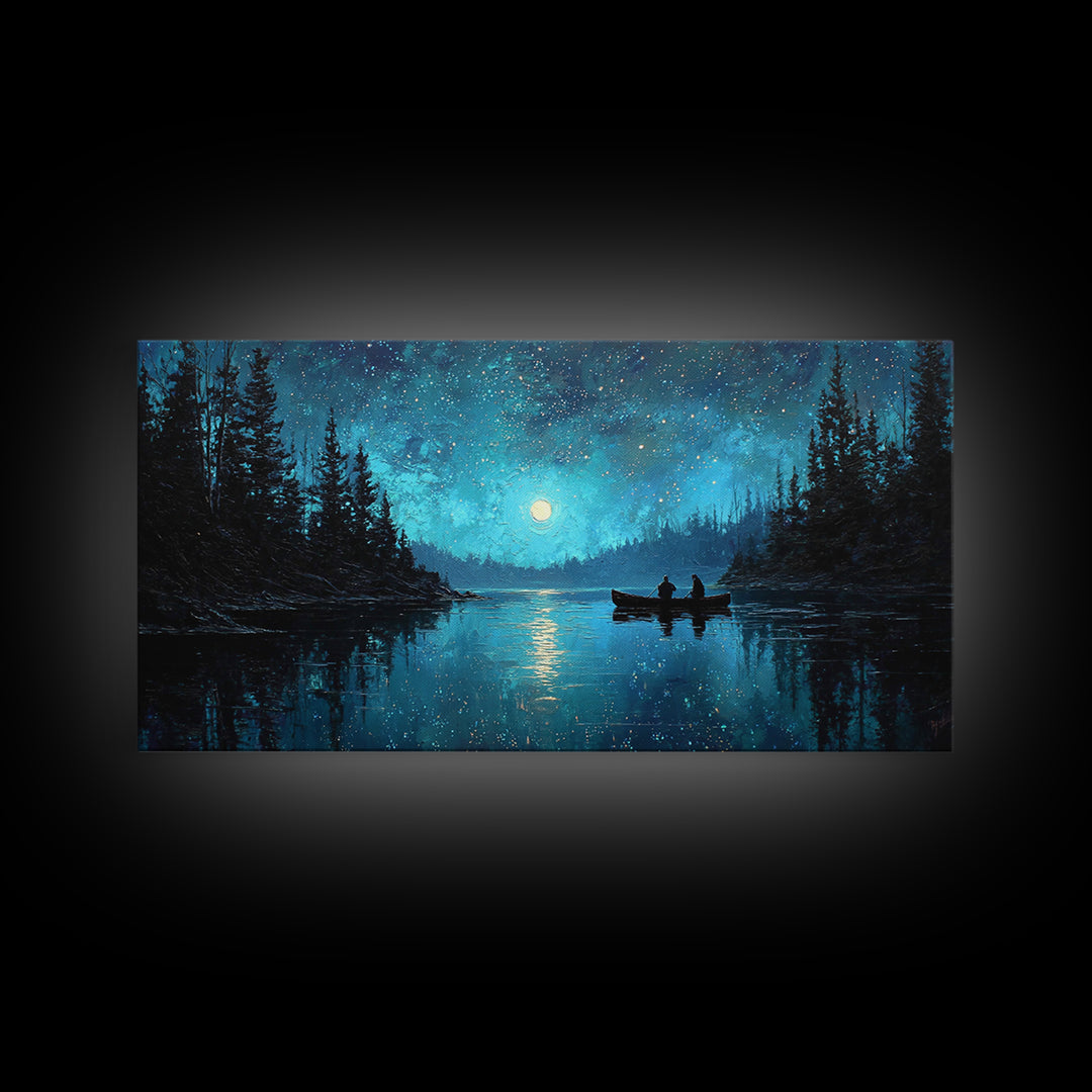 Starry Night Landscape With Canoeists On A Moonlit Lake Original Oil Painting Wall Art