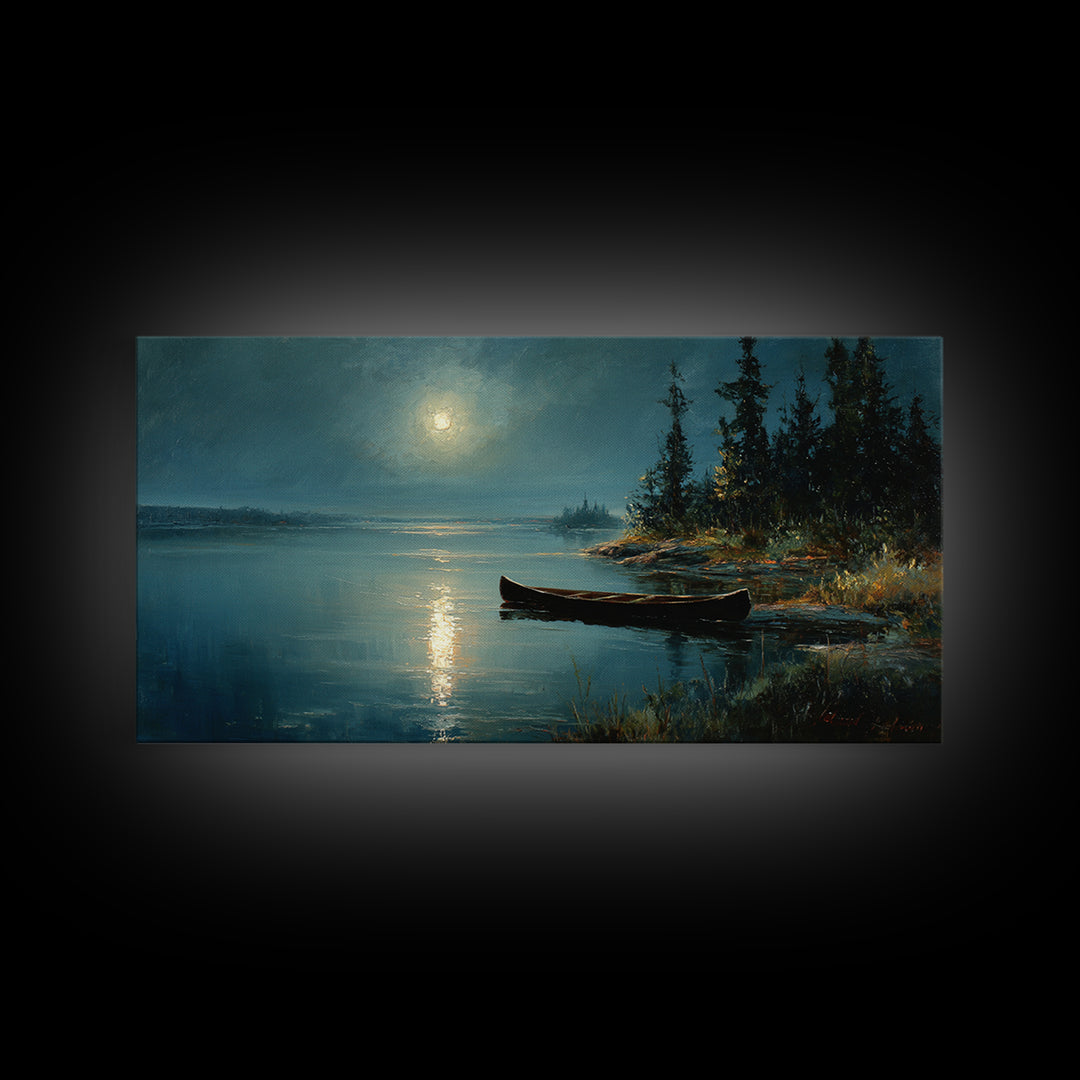 Calm Moonlit Lake Scene With Canoe And Forest Landscape Original Painting Wall Art Canvas Print Home Decor