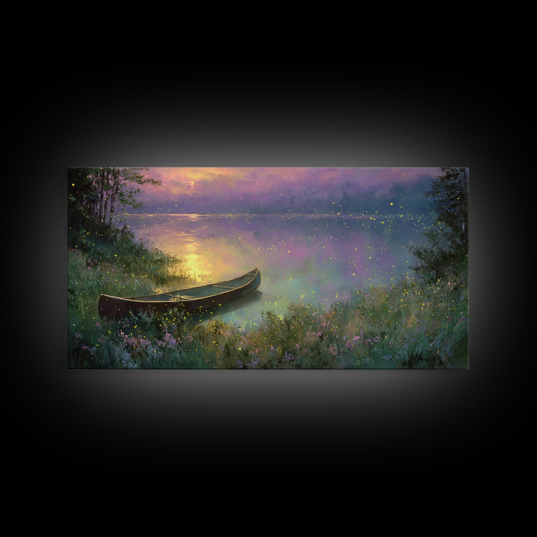 Serene Canoe On Misty Lake With Fireflies At Twilight Framed Canvas Print Tranquil Landscape Wall Art