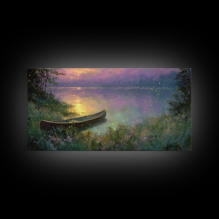 Serene Canoe On Misty Lake With Fireflies At Twilight Framed Canvas Print Tranquil Landscape Wall Art
