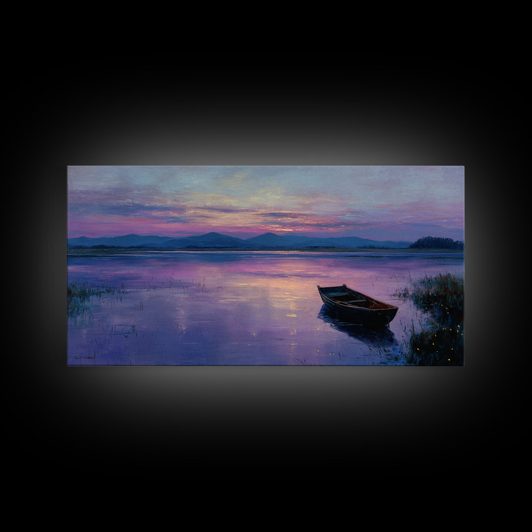 Peaceful Sunrise With Boat On Calm Lake Landscape Painting Large Wall Art For Living Room