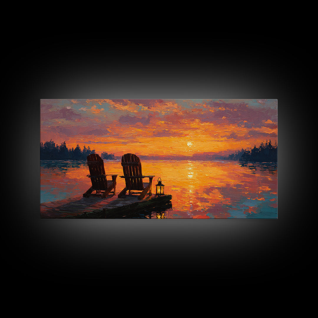 Warm Glowing Sunset With Adirondack Chairs On Lake Dock Tranquil Landscape Oil Painting Wall Art Framed Canvas Print For Cozy Home Decor