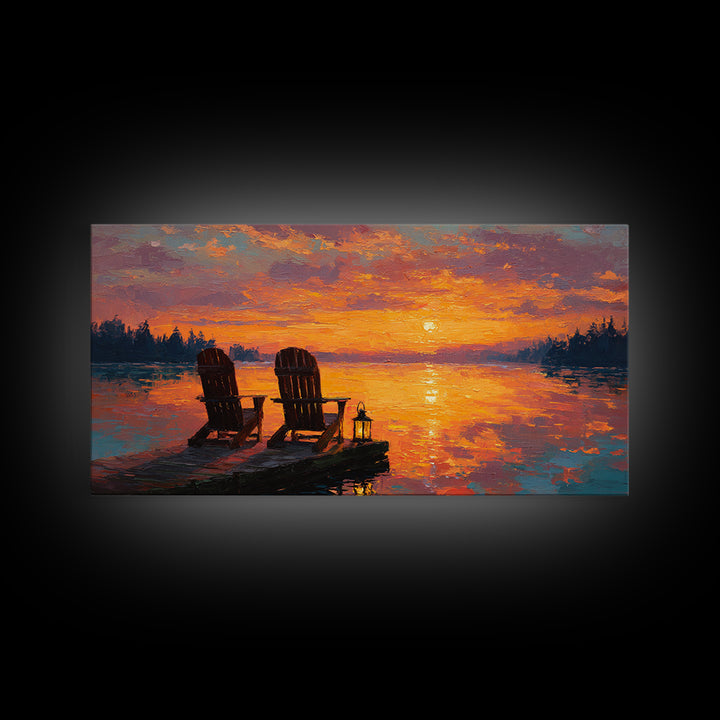 Warm Glowing Sunset With Adirondack Chairs On Lake Dock Tranquil Landscape Oil Painting Wall Art Framed Canvas Print For Cozy Home Decor