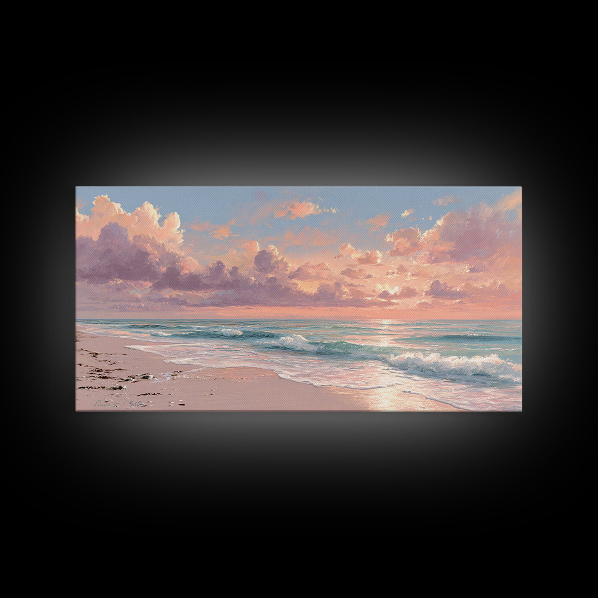 Pink Cloud Beach Sunrise Framed Canvas Print, Coastal Wall Art, Ocean Waves Seascape, Beach House Decor, Living Room Decor