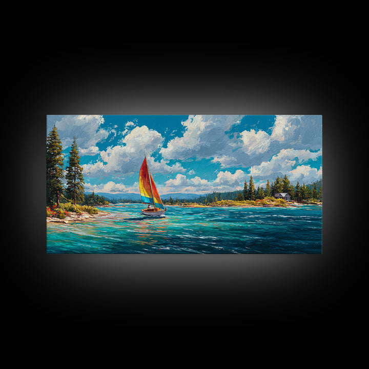 Vibrant Abstract Coastal Scene Sailing Boat Oil Painting Canvas Print Wall Art Beach Home Decor Large Wall Art Bright Wall Decoration