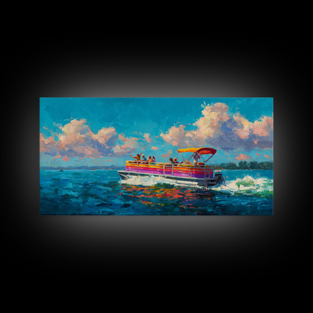 Vibrant Party Boat At Sea With Cheerful Passengers At Sunset Wall Art Framed Canvas Print Bright Colorful Coastal Decor
