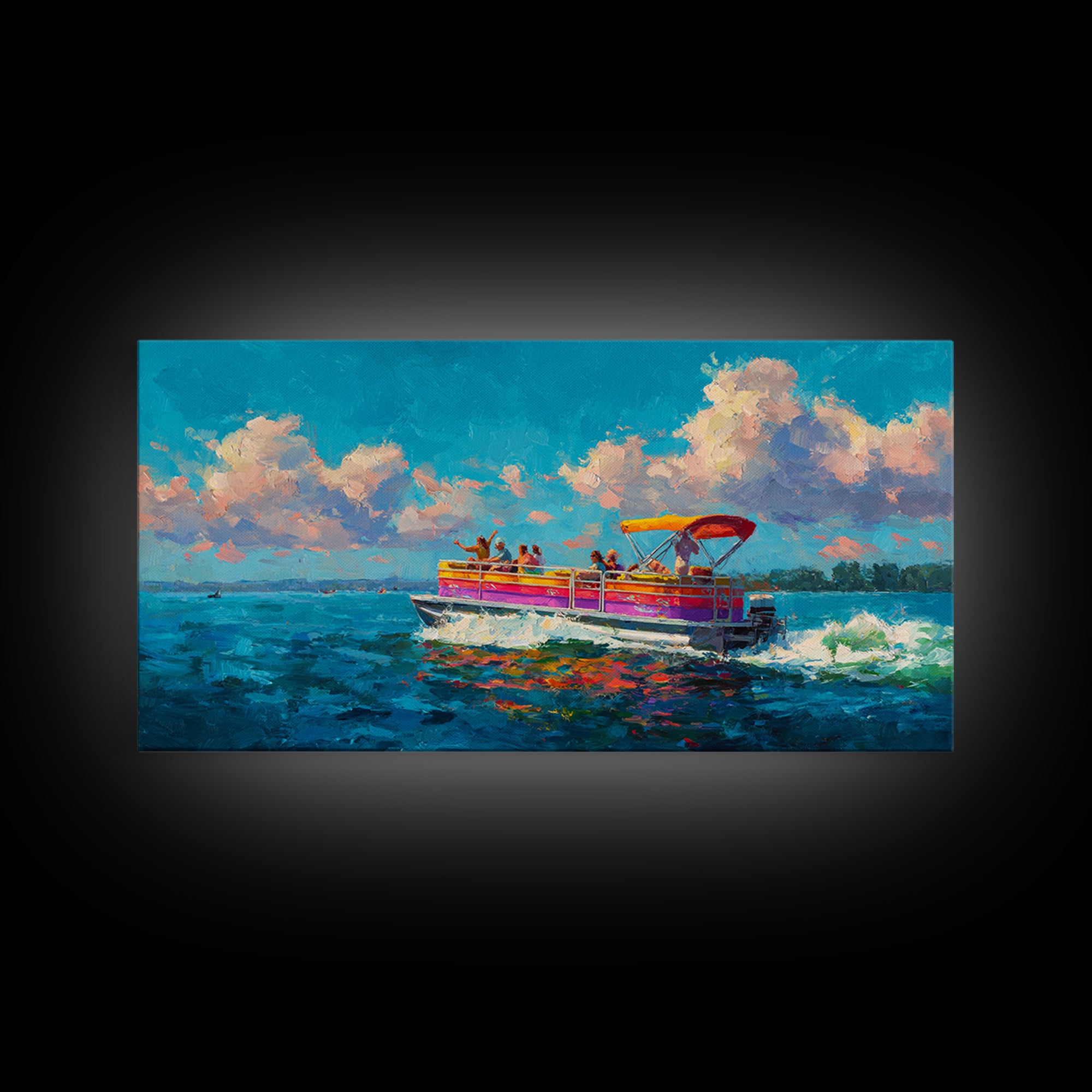 Vibrant Party Boat At Sea With Cheerful Passengers At Sunset Wall Art Framed Canvas Print Bright Colorful Coastal Decor