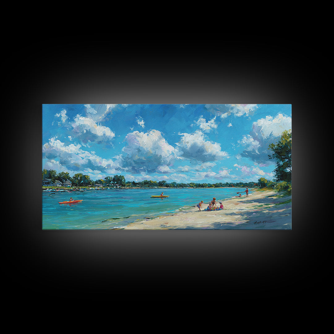Beautiful Vibrant Oil Painting Of Lake Scene With Kayakers And Blue Sky Canvas Print Large Wall Art Home Decor Living Room Wall Art