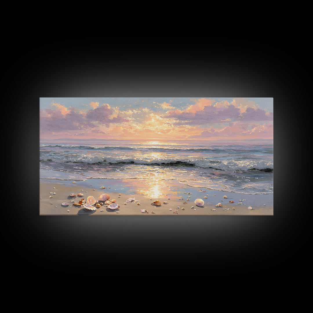 Glowing Seashell Ocean Sunrise Canvas Print, Coastal Wall Art, Beach House Decor, Nautical Seascape, Gift For Her, Living Room Art