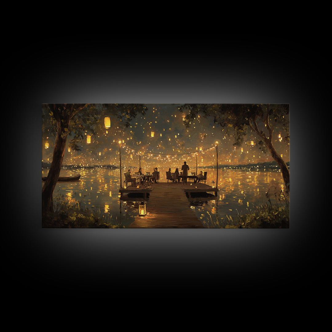 Romantic Evening Dinner On Lake Pier With Lanterns Glowing Warm Light Canvas Print Home Decor Wall Art