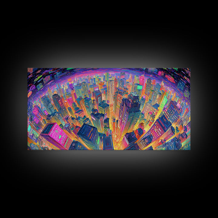 Vibrant Cityscape At Night With Neon Lights Wall Art Framed Canvas Print Modern Urban Wall Decor