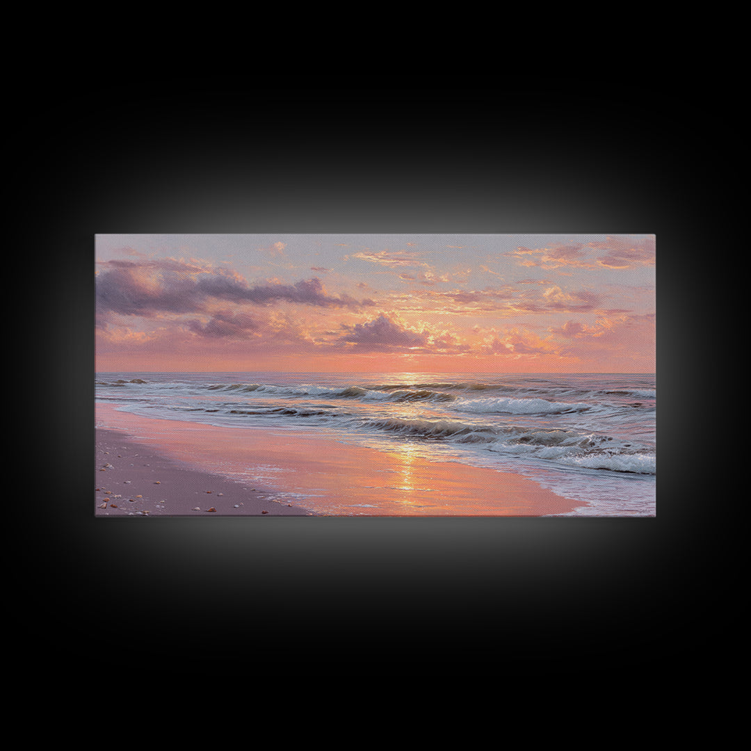 Pink Sunset Ocean Waves Wall Art, Romantic Coastal Decor, Beach House Seascape Canvas, Large Living Room Wall Art, Gift For Her