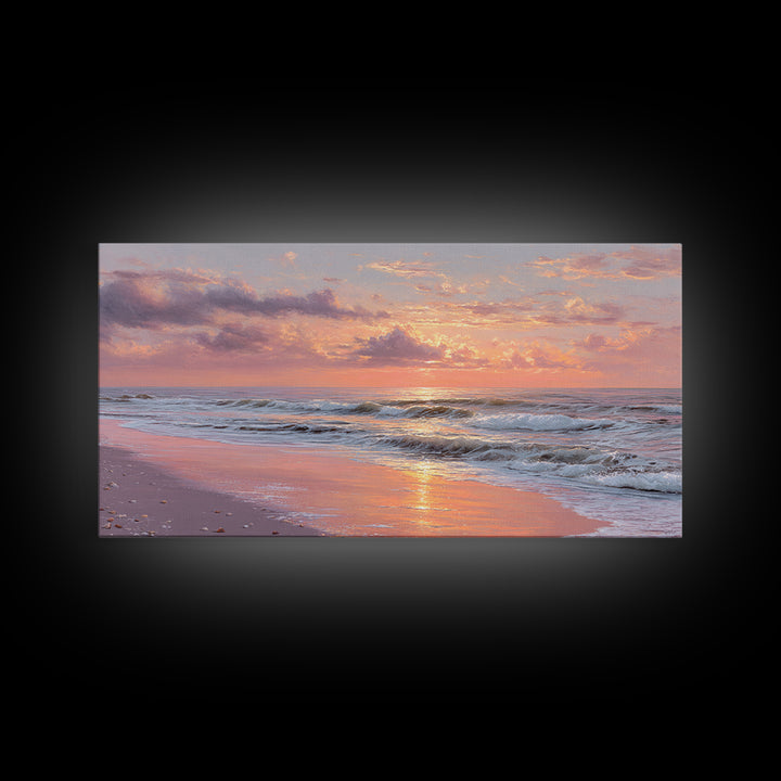 Pink Sunset Ocean Waves Wall Art, Romantic Coastal Decor, Beach House Seascape Canvas, Large Living Room Wall Art, Gift For Her