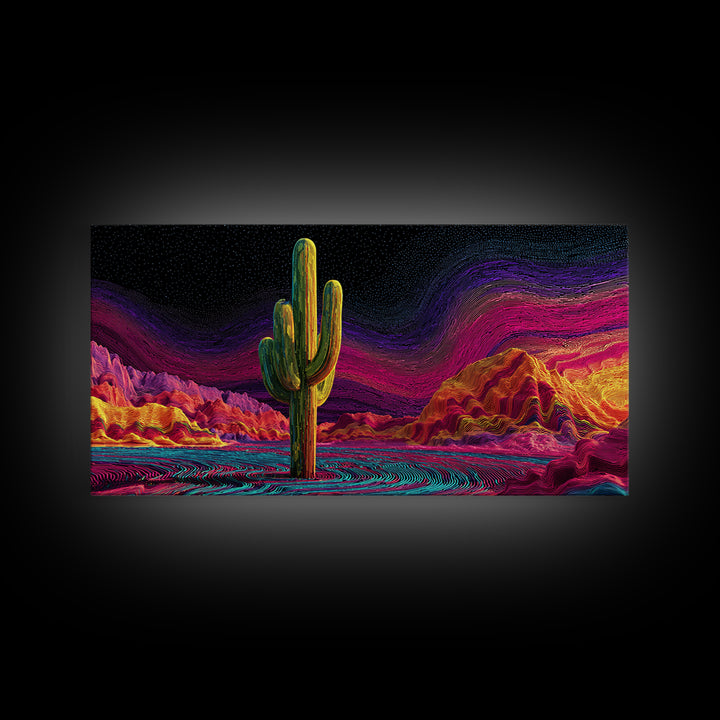 Surreal Abstract Cactus Landscape With Neon Colorful Sky And Textured Brushstrokes Canvas Print Modern Wall Art For Living Room