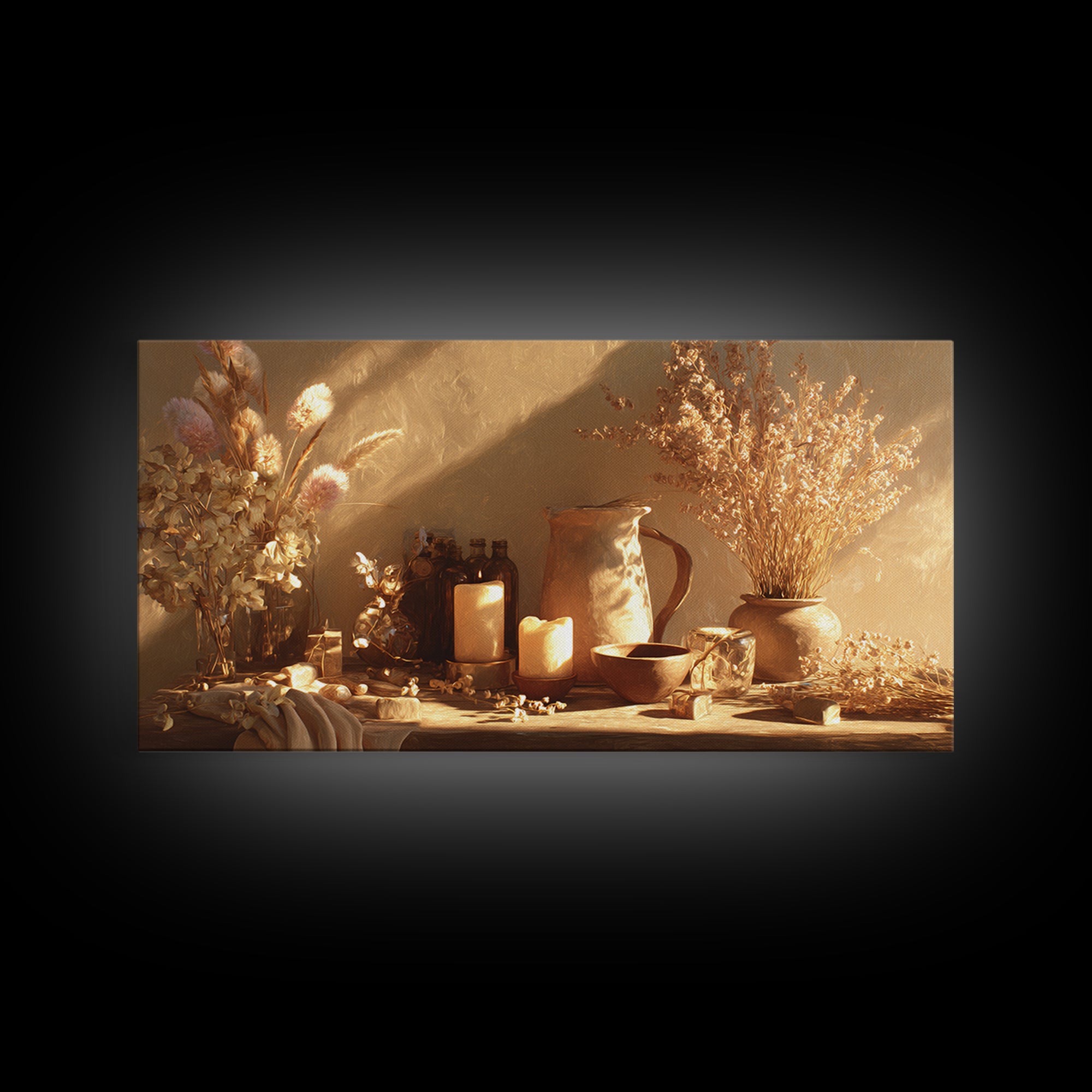 Golden Candle Dried Flower Still Life Wall Art, Neutral Wabi Sabi Decor, Rustic Home Decor, Cozy Framed Canvas Print, Gift