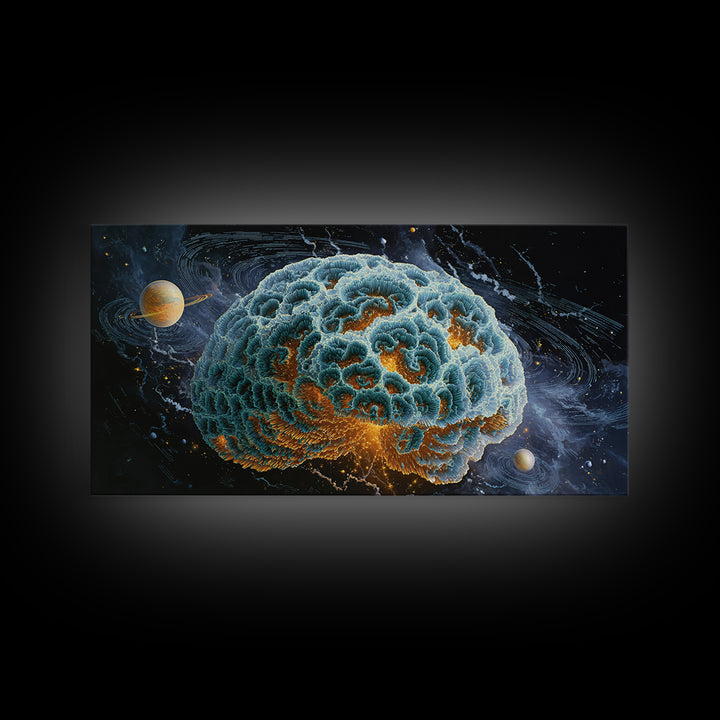 Surreal Cosmic Brain With Orbiting Planets And Vibrant Details Abstract Digital Wall Art Framed Canvas Print For Modern Home Decor