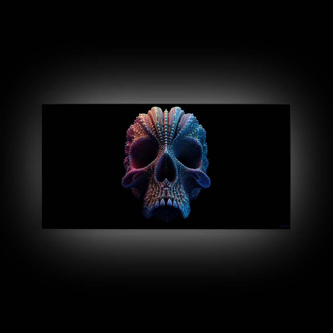 3D Digital Art Skull Sculpture In Moody Blue And Purple Tones Dark Abstract Wall Art Canvas Print For Gothic Home Decor