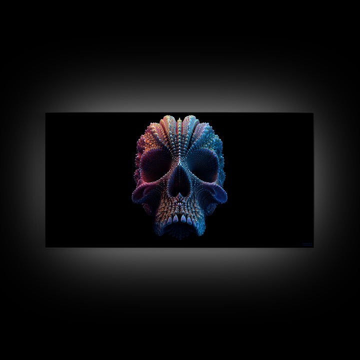 3D Digital Art Skull Sculpture In Moody Blue And Purple Tones Dark Abstract Wall Art Canvas Print For Gothic Home Decor