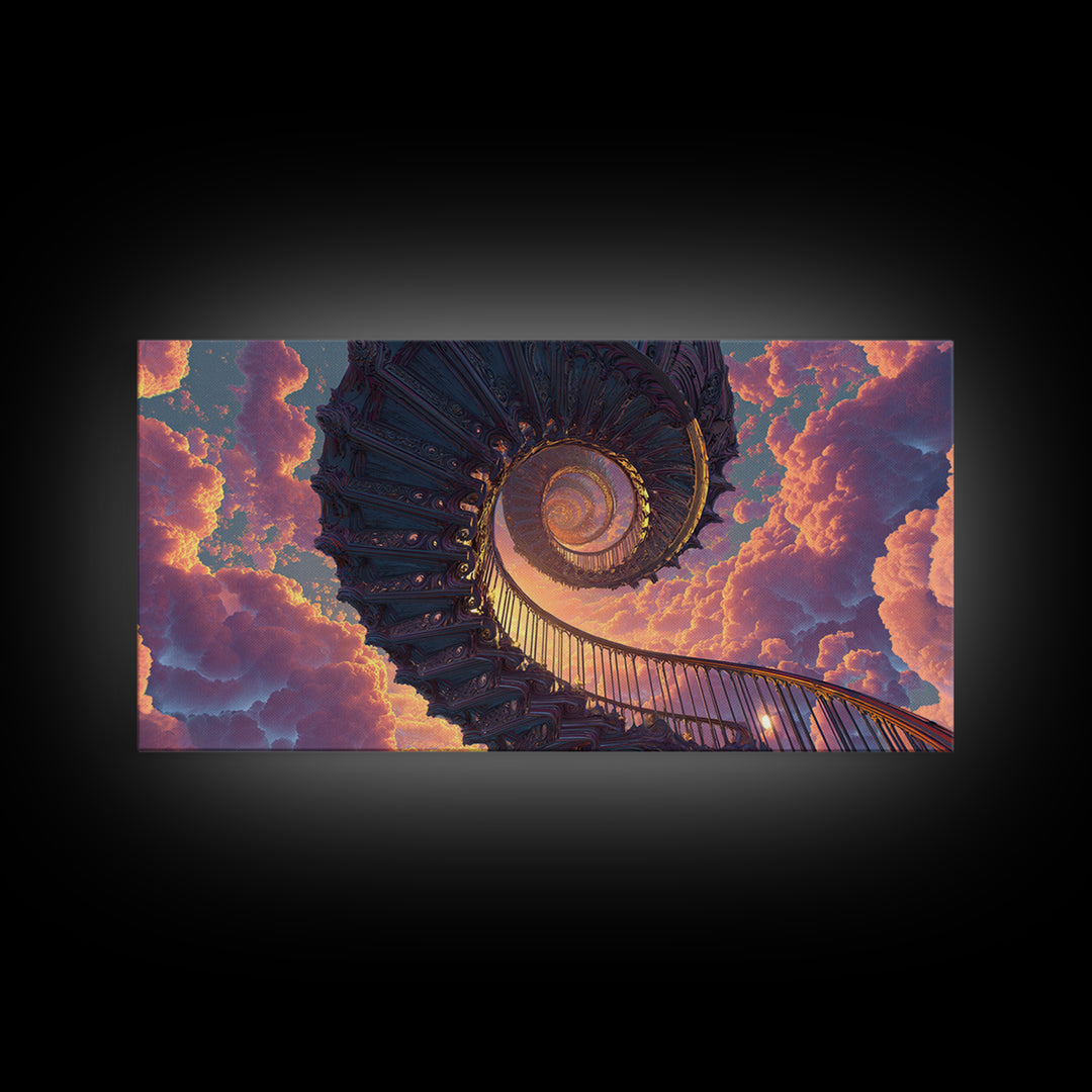 Surreal Spiral Staircase To Sunset Sky With Warm Clouds Canvas Print Dreamy Wall Art For Home Decor