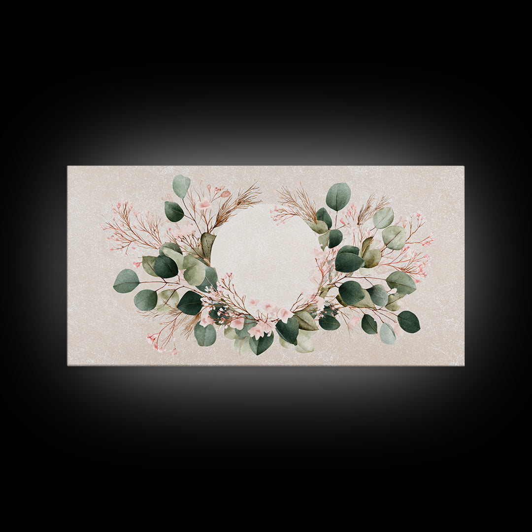 Eucalyptus Floral Wreath Wall Art, Botanical Greenery Print, Neutral Boho Home Decor, Living Room Above Bed Horizontal Canvas