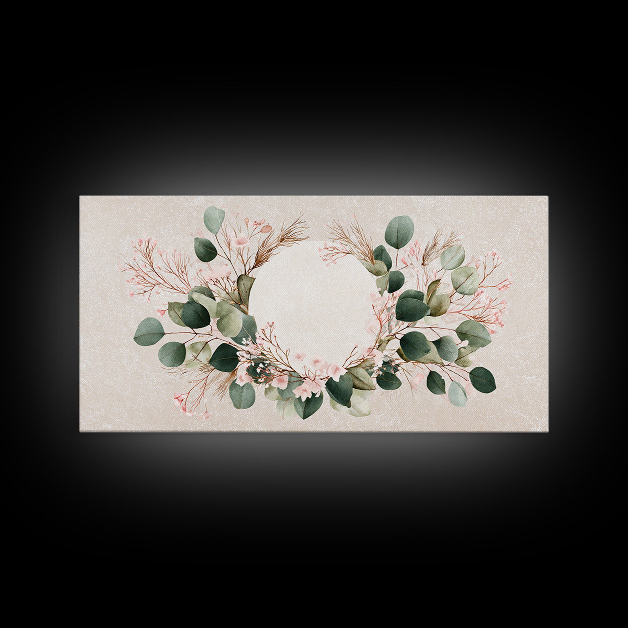 Eucalyptus Floral Wreath Wall Art, Botanical Greenery Print, Neutral Boho Home Decor, Living Room Above Bed Horizontal Canvas