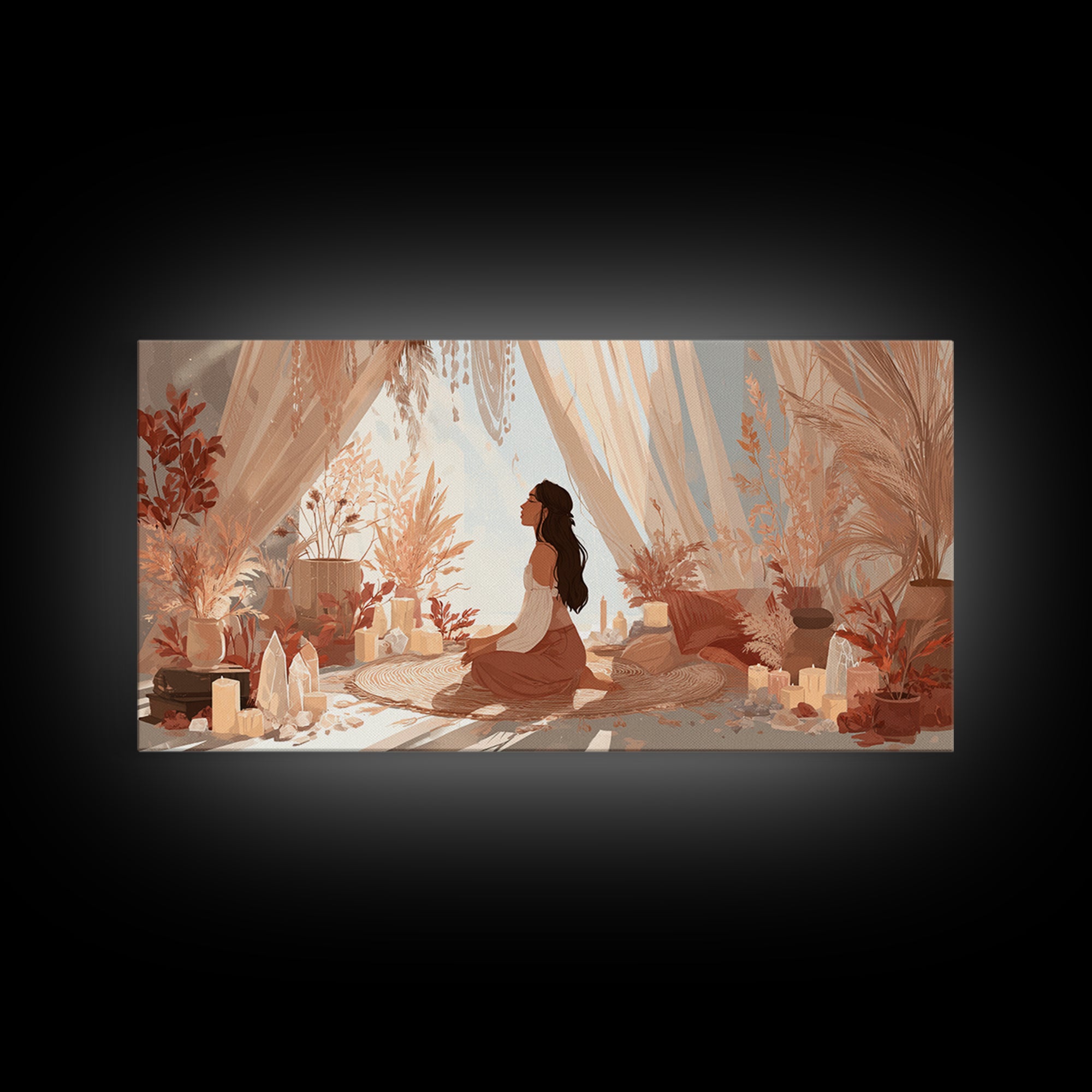 Sunlit Boho Meditation Room With Woman And Crystals Canvas Print, Spiritual Yoga Decor, Serene Feminine Wall Art Gift For Her