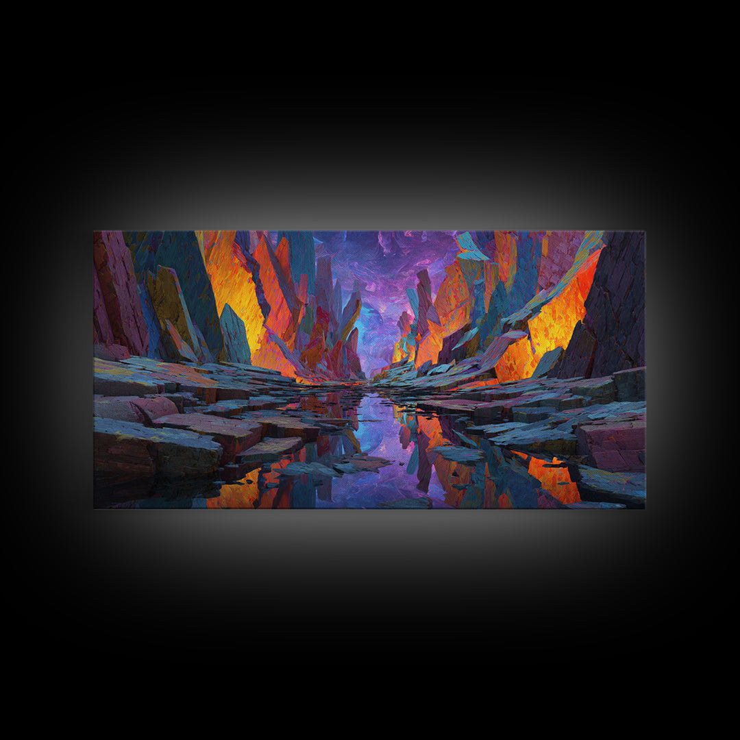 Vibrant Surreal Landscape With Fiery Rock Formations Reflected In Water Large Wall Art Framed Canvas Print