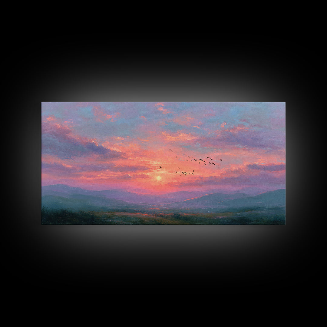 Pink Sunset Mountain Valley Landscape Canvas Print, Misty Nature Wall Art, Large Living Room Decor, Peaceful Housewarming Gift