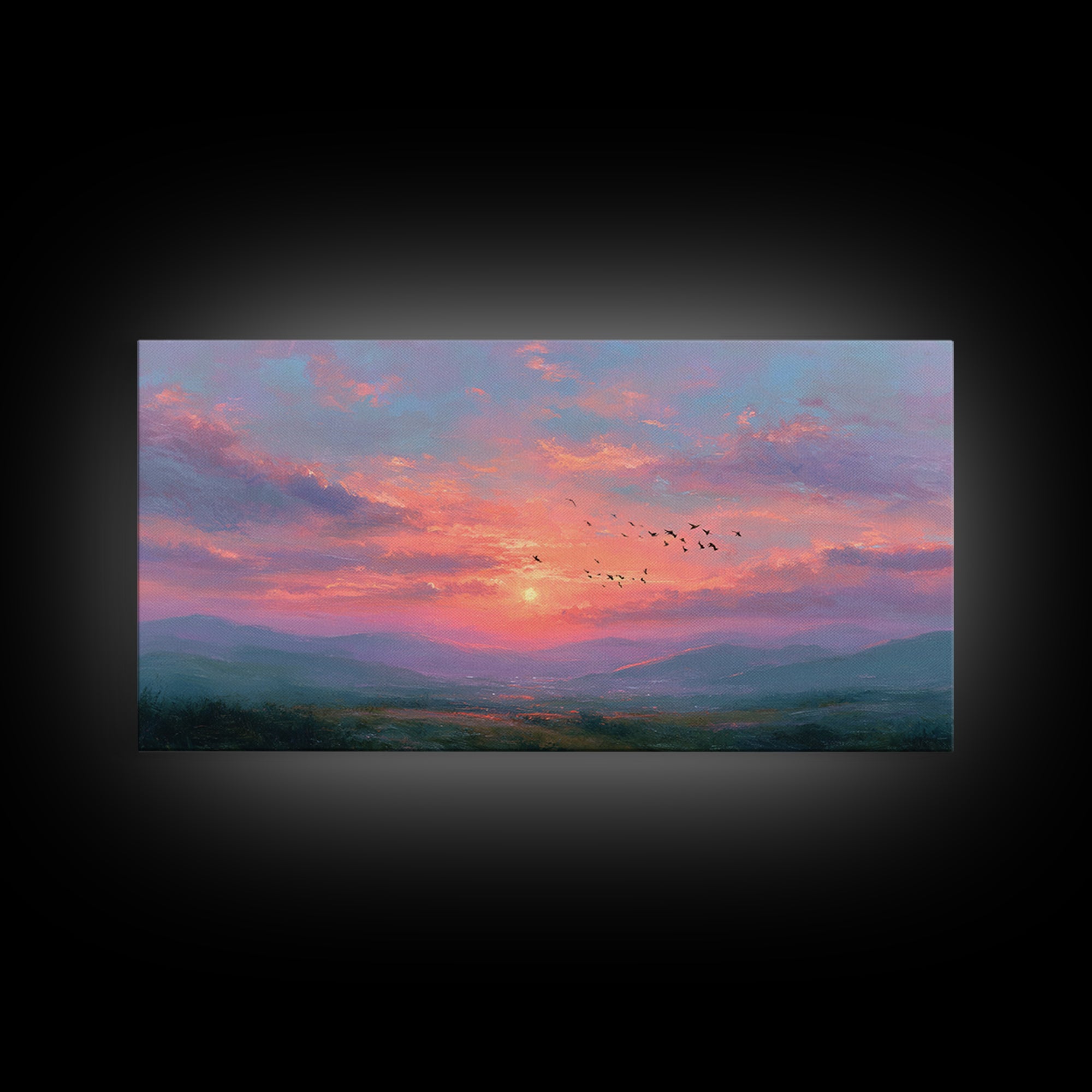 Pink Sunset Mountain Valley Landscape Canvas Print, Misty Nature Wall Art, Large Living Room Decor, Peaceful Housewarming Gift