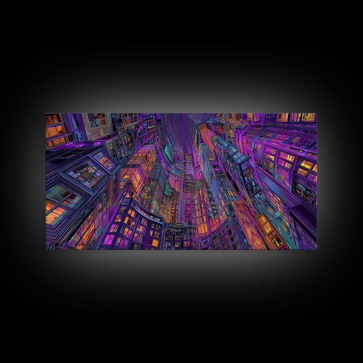 Vibrant Neon Cityscape With Tall Skyscrapers Artistic Wall Art Print, Colorful Urban Home Decor, Modern Framed Canvas Print