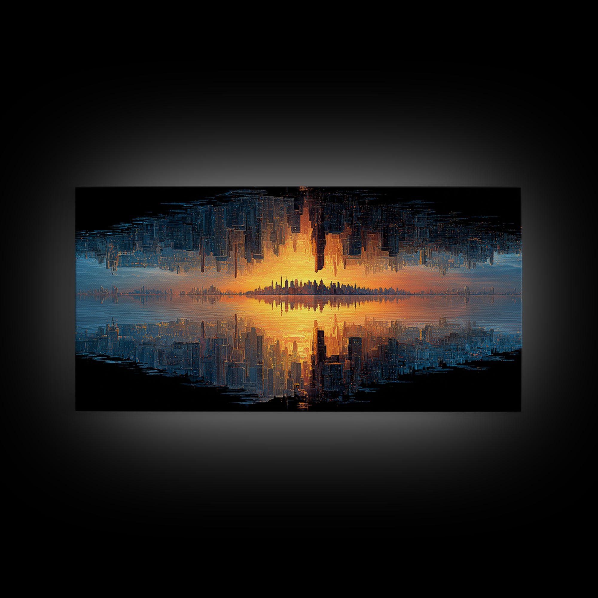Abstract Cityscape Digital Painting Featuring Inverted Skyline And Sunset Reflection, Canvas Print For Modern Wall Art And Home Decor