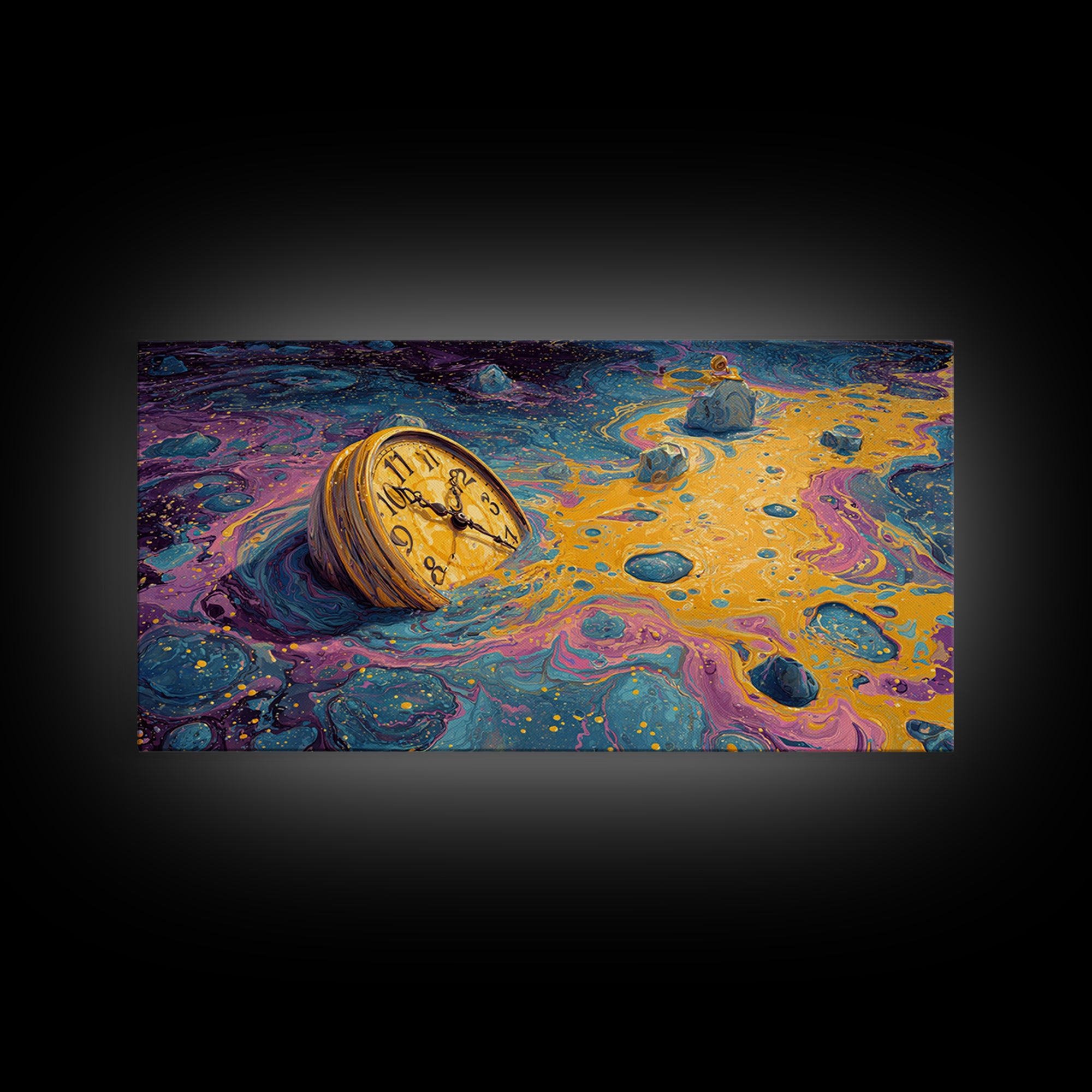Surreal Abstract Time Melting Clock In Vibrant Blue And Gold Swirling Colors Contemporary Wall Art Printed Canvas Print